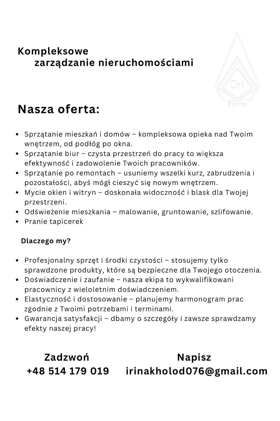 Ulotka reklamowa firmy oferującej kompleksowe zarządzanie nieruchomościami, sprzątanie mieszkań, biur i po remontach, mycie okien, odświeżanie mieszkań i pranie tapicerek, z logo firmy Cri Home...