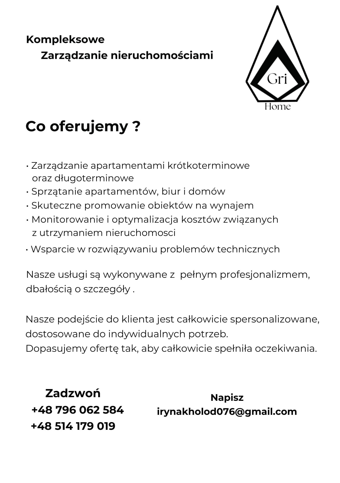 Ulotka reklamowa firmy zarządzającej nieruchomościami z logo Gri Home, oferującej kompleksowe usługi, w tym sprzątanie, zarządzanie najmem krótkoterminowym i długoterminowym, promocję obiektów...