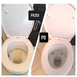 Vasyl Fukliev - Kings of clean - Toaleta przed i po czyszczeniu: po lewej stronie widoczne zabrudzenia i osad, po prawej czysta toaleta z odświeżaczem w kostkach.