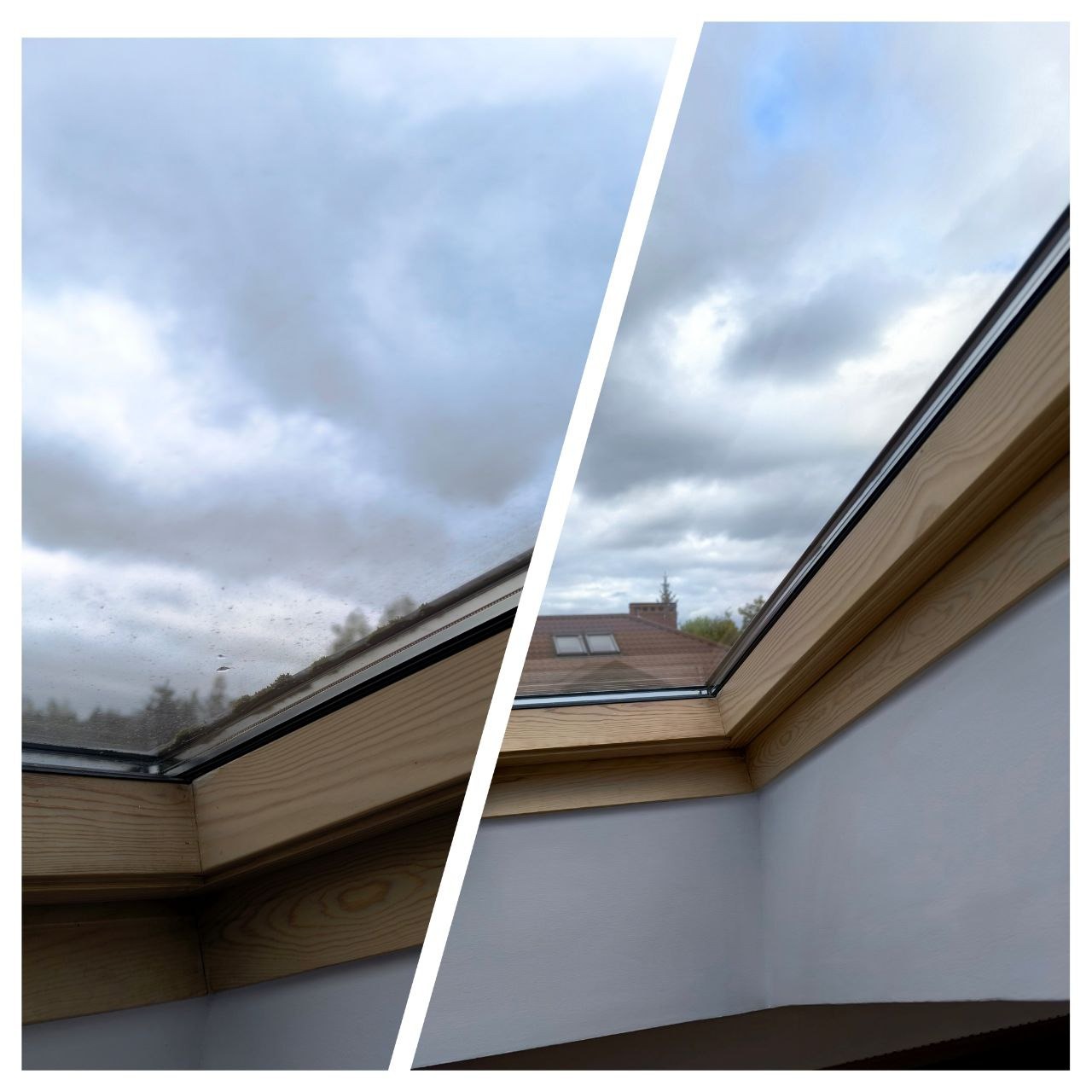 Okno dachowe przed i po umyciu, widoczne różnice w czystości szyby, drewniana rama okienna.