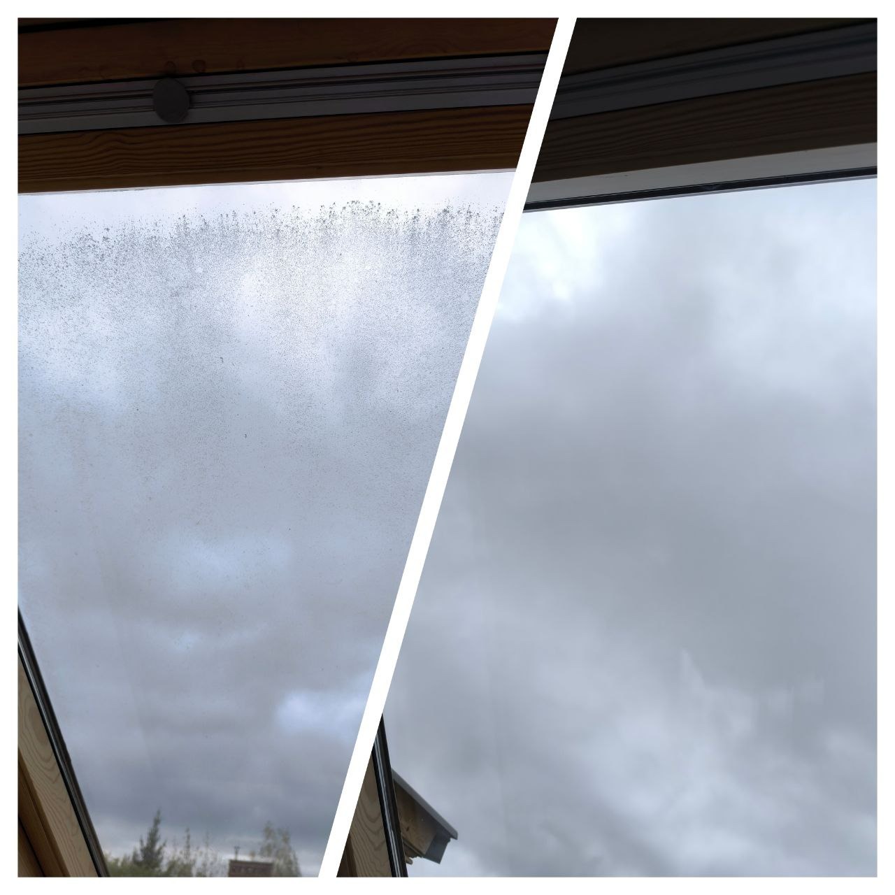 Okno dachowe podzielone na dwie części: lewa strona brudna, pokryta zaciekami i kurzem, prawa strona czysta, przez którą widać pochmurne niebo.