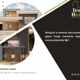 Nowoczesny dom z elementami drewna i szarości, widok z zewnątrz i wnętrza kuchni z wyspą, logo Terra Home w prawym górnym rogu, hasło reklamowe i dane kontaktowe.