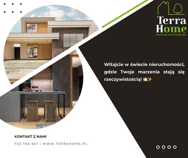 Nowoczesny dom z elementami drewna i szarości, widok z zewnątrz i wnętrza kuchni z wyspą, logo Terra Home w prawym górnym rogu, hasło reklamowe i dane kontaktowe.