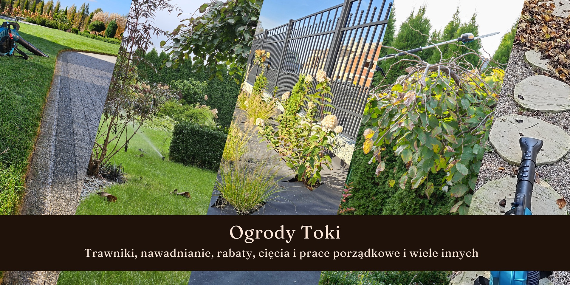 Kompozycja zdjęć ogrodu: ścieżka z kostki, trawnik z nawadnianiem, rabata z ogrodzeniem, przycinanie gałęzi, ścieżka z kamieni i dmuchawa do liści.