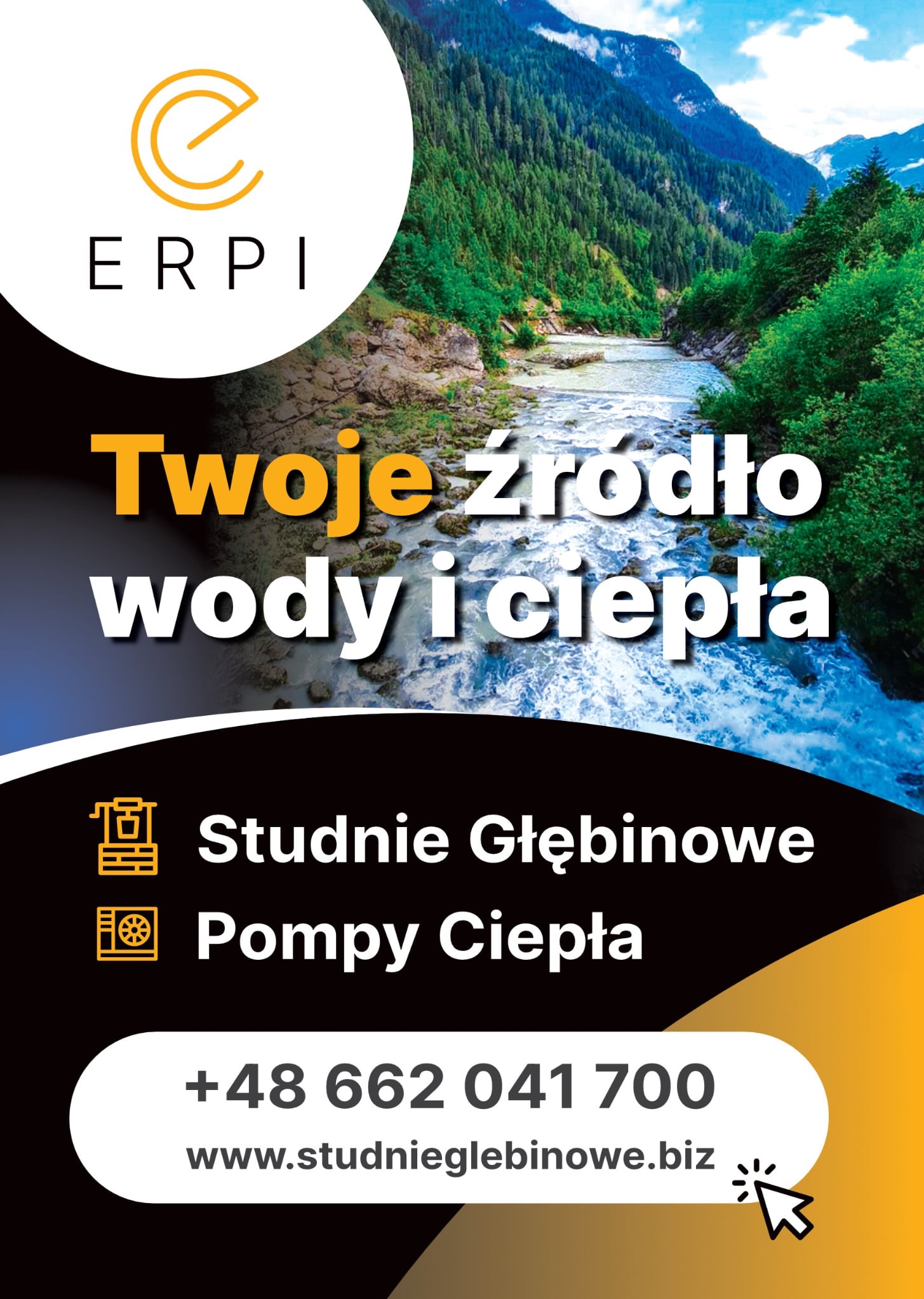 Baner reklamowy firmy ERPI: Twoje źródło wody i ciepła. Oferta obejmuje studnie głębinowe i pompy ciepła. W tle górski krajobraz z rzeką.