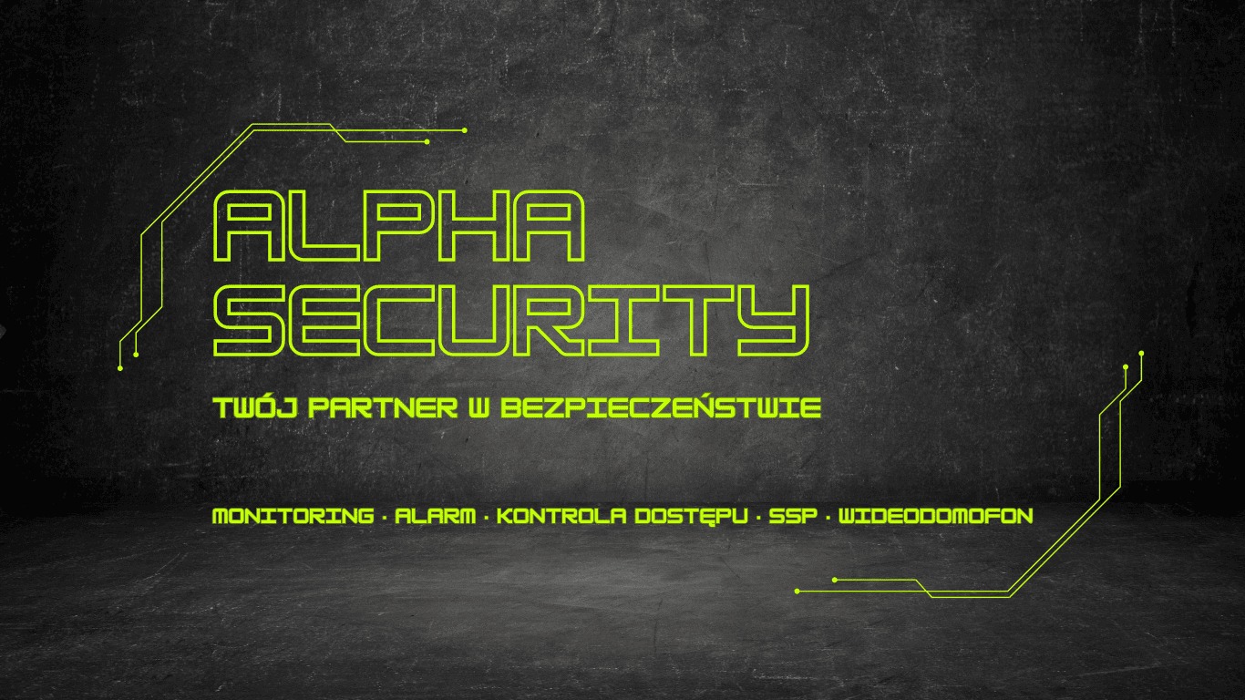 Logo firmy Alpha Security na ciemnym, teksturowanym tle, z neonowymi zielonymi obrysami i hasłem 'Twój Partner w Bezpieczeństwie', wymieniające monitoring, alarm, kontrolę dostępu i wideodomofony.
