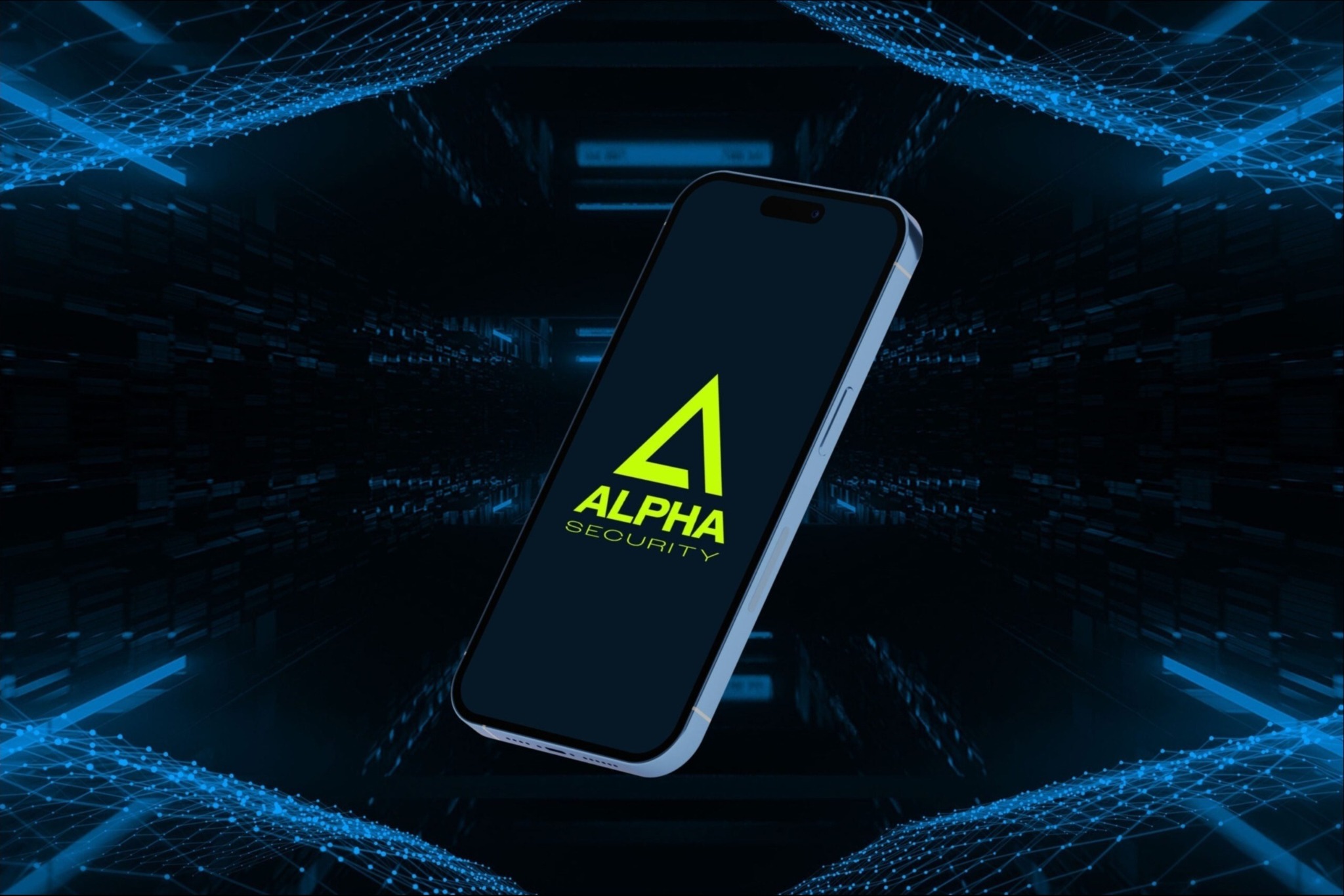 Smartfon wyświetlający logo Alpha Security na tle futurystycznej sieci cyfrowej.