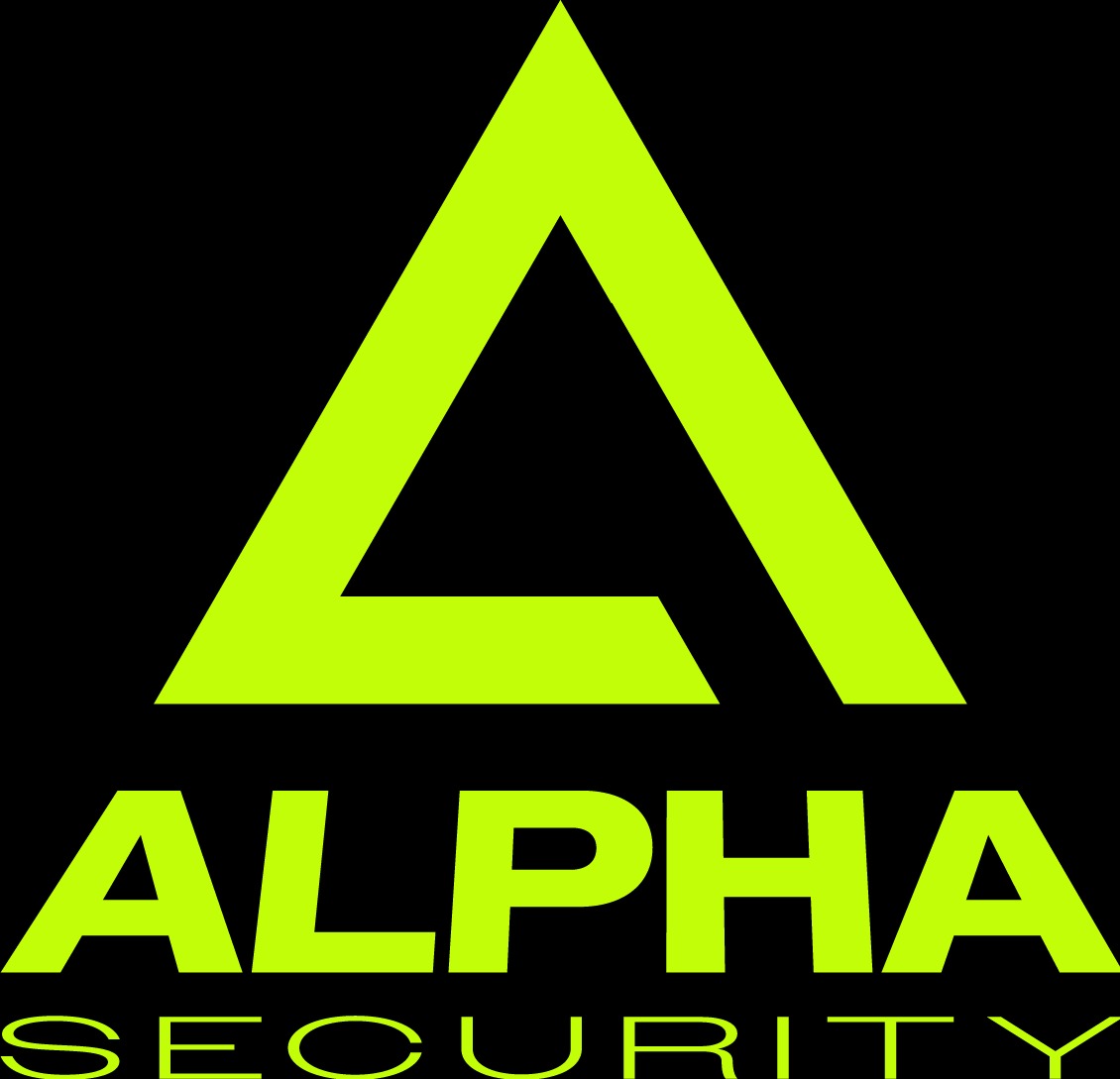 Logo firmy Alpha Security: neonowo-zielony trójkąt z wyciętym fragmentem w dolnej części, nad napisem 'ALPHA SECURITY' również w neonowo-zielonym kolorze, na czarnym tle.