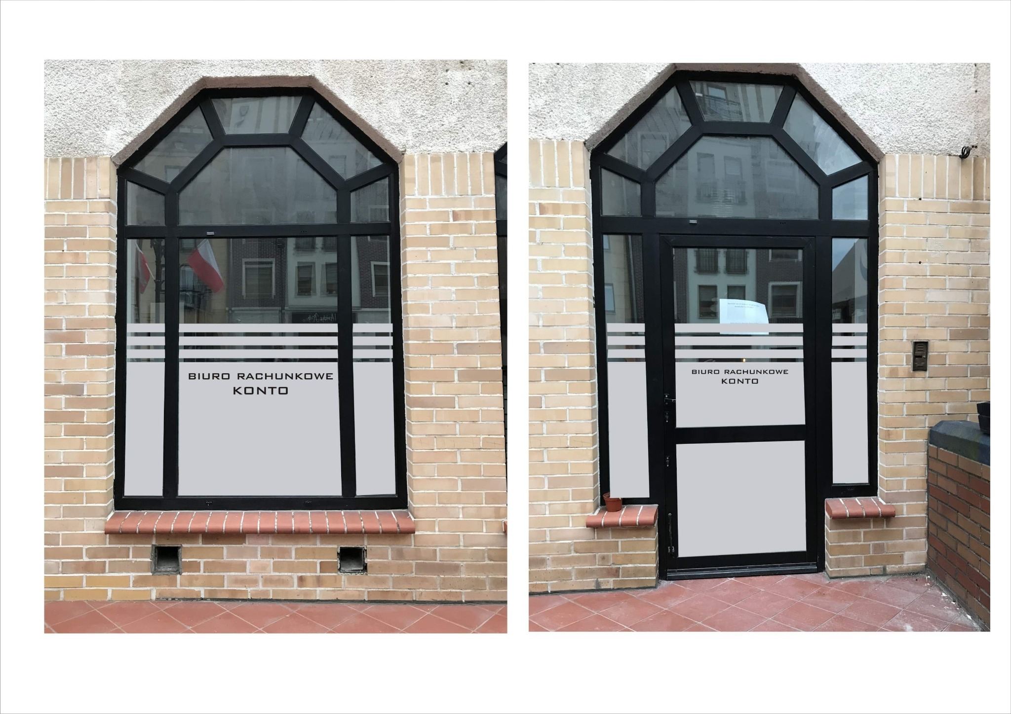 Fasada budynku z oknem i drzwiami wejściowymi, na szybach naklejki z napisem 'BIURO RACHUNKOWE KONTO'.