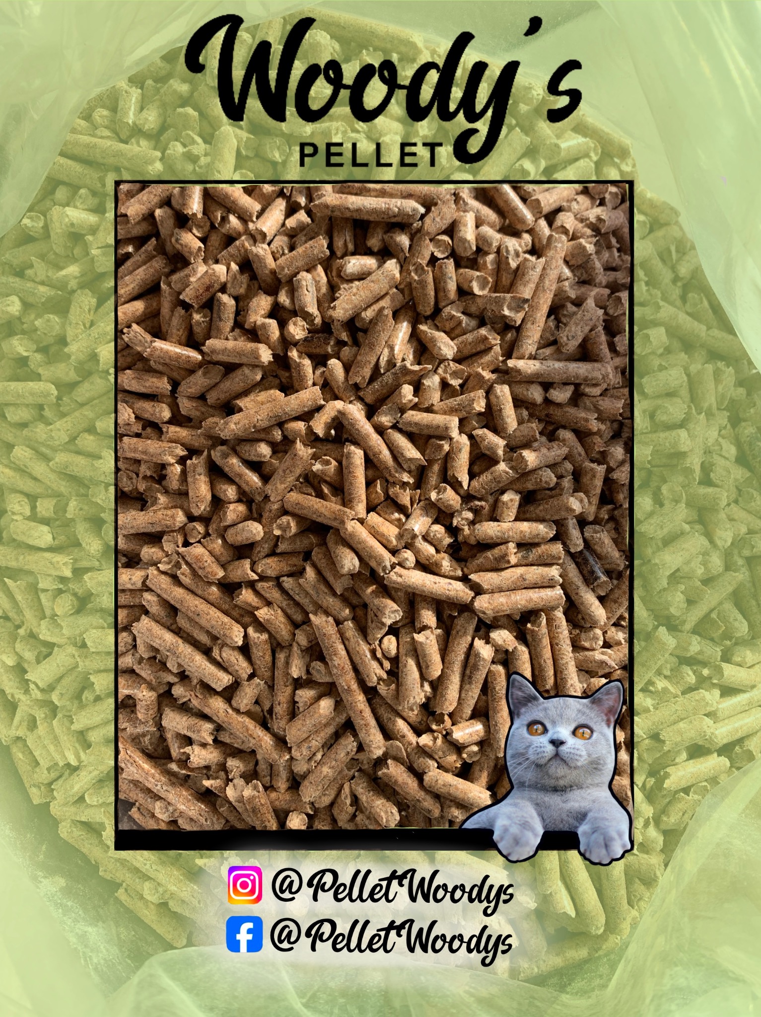 Pellet drzewny marki Woody's w przezroczystym worku, oferowany w Miszewku, z grafiką niebieskiego kota u dołu i logotypami mediów społecznościowych.