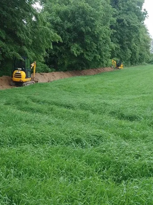 Dwa żółte mini-koparki pracują nad wykopem wzdłuż linii drzew na skraju łąki z wysoką trawą. Świeżo wykopana ziemia tworzy wyraźny pas wzdłuż drzew.