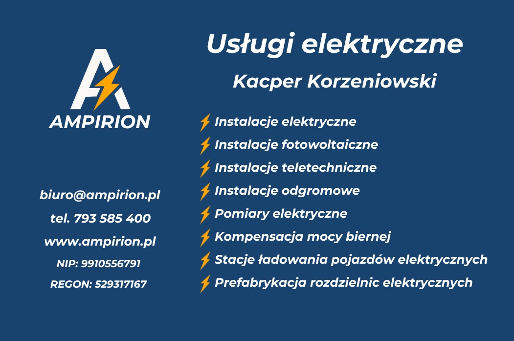 Grafika firmy Ampirion oferującej usługi elektryczne: instalacje, fotowoltaika, odgromowe, pomiary, stacje ładowania EV i prefabrykacja rozdzielnic. Kontakt: biuro@ampirion.pl.