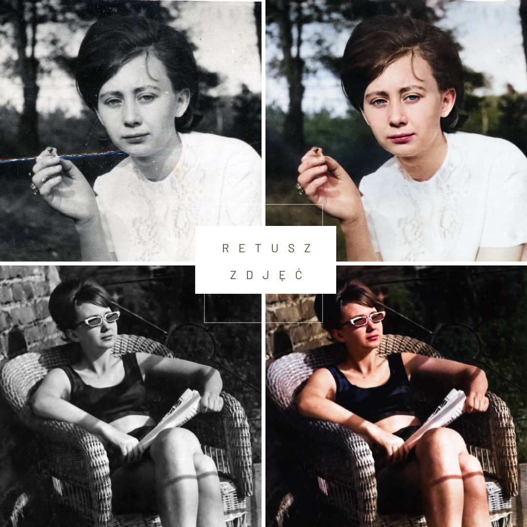 Czteroczęściowy kolaż przedstawia retusz starego zdjęcia: góra - portret kobiety przed i po retuszu, dół - kobieta w okularach siedząca w wiklinowym fotelu z gazetą, przed i po retuszu.
