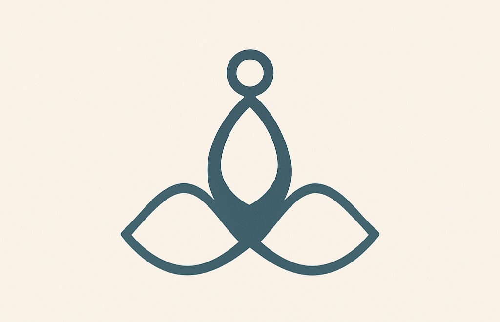 Abstrakcyjny, minimalistyczny symbol w odcieniach błękitu na kremowym tle, przypominający uproszczony kwiat lub postać w medytacji.