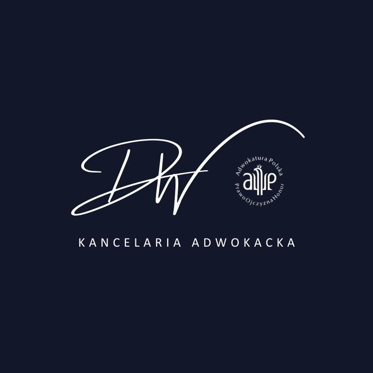 Logo kancelarii adwokackiej z inicjałami DW w ozdobnej czcionce, napisem 'Kancelaria Adwokacka' i symbolem 'Adwokatura Polska Prawo Ojczyzna Honor' na granatowym tle.