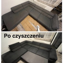 Krzysztof Zawada - Zdjęcie porównawcze narożnika tapicerowanego przed i po czyszczeniu. Górna część ukazuje zabrudzony narożnik, a dolna część prezentuje narożnik po odświeżeniu, z widoczną różnicą w kolorze...
