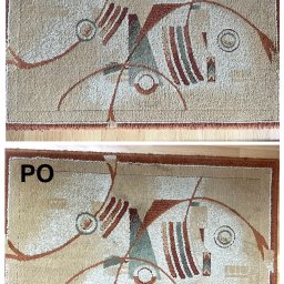 Krzysztof Zawada - Dywan z geometrycznym wzorem w odcieniach beżu i brązu, ujęcie typu 'przed i po' czyszczeniu, widoczne różnice w kolorze i czystości włókien.