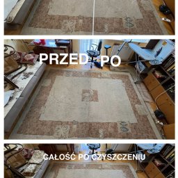 Krzysztof Zawada - Kolaż trzech zdjęć przedstawiający ten sam dywan przed, w trakcie i po czyszczeniu. Widoczne różnice w odcieniu i wyglądzie wzoru.