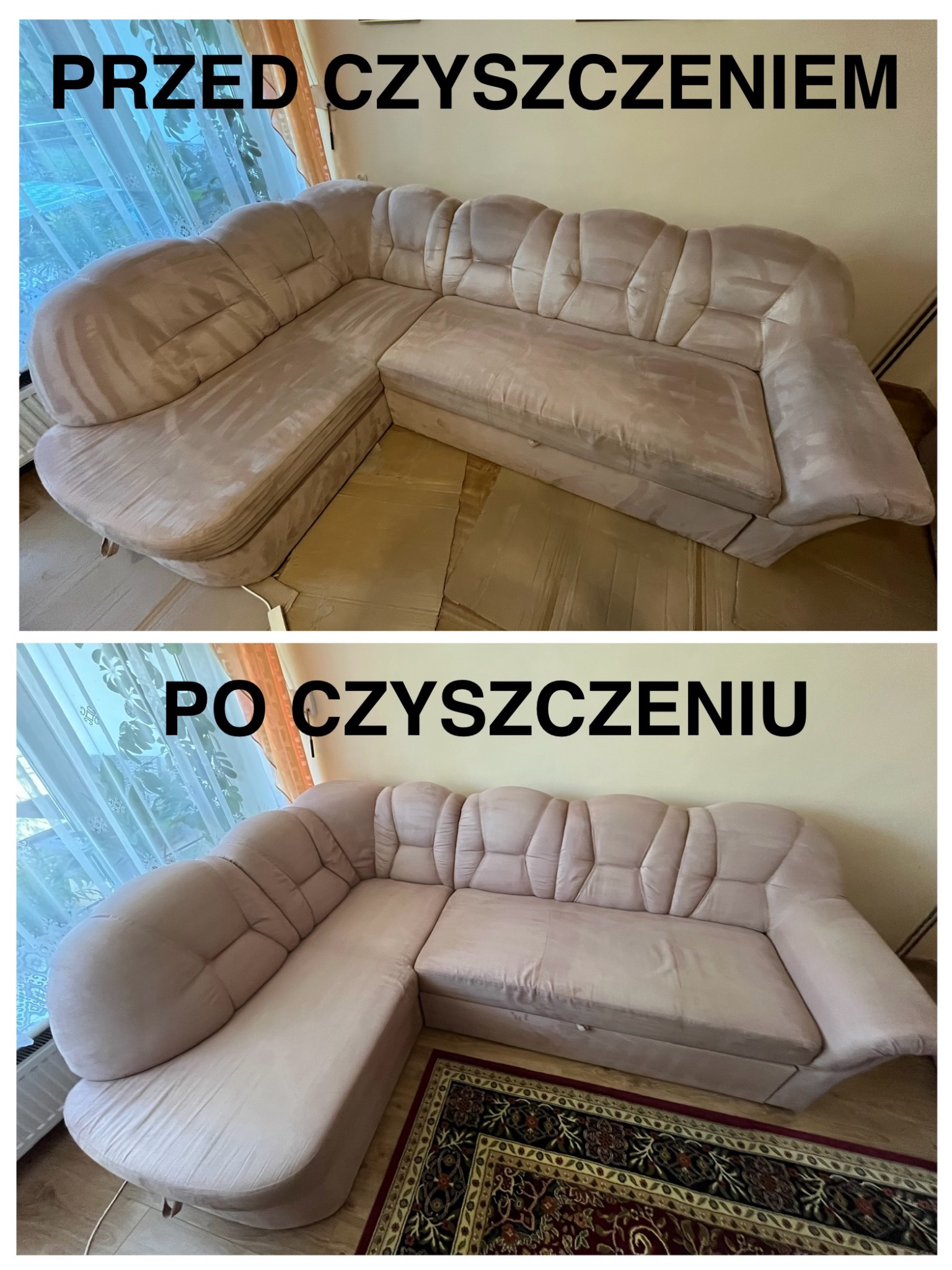 Dwuobrazkowe porównanie narożnika w odcieniach beżu: górne zdjęcie pokazuje zabrudzenia przed czyszczeniem, dolne zdjęcie prezentuje narożnik po wyczyszczeniu, z widoczną poprawą koloru...