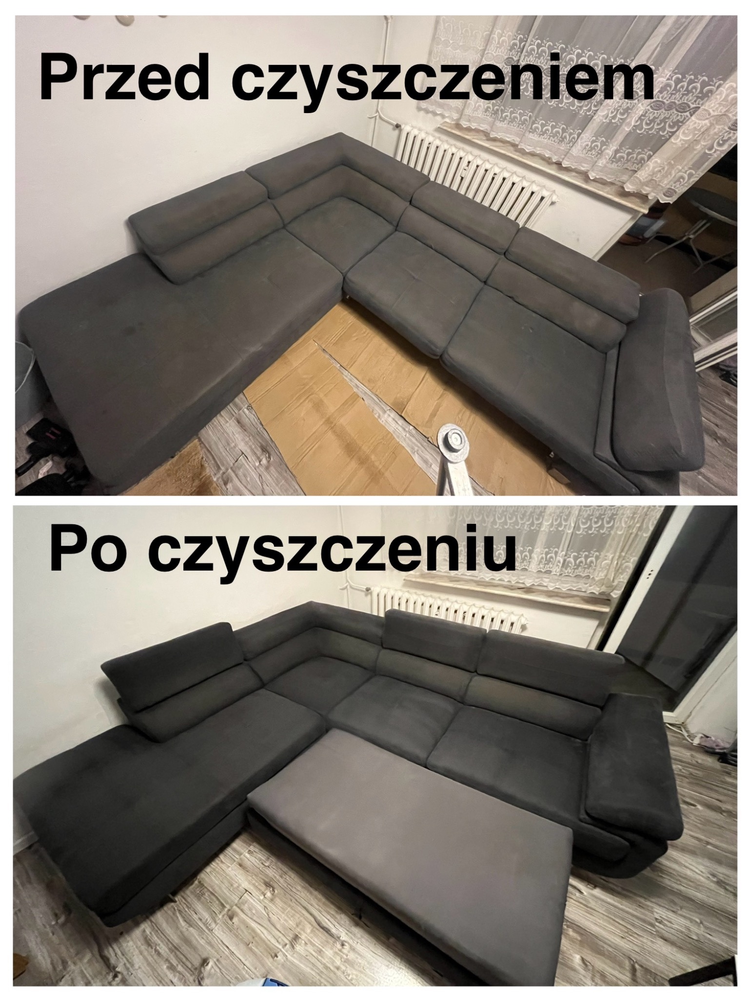 Zdjęcie porównawcze narożnika tapicerowanego przed i po czyszczeniu. Górna część ukazuje zabrudzony narożnik, a dolna część prezentuje narożnik po odświeżeniu, z widoczną różnicą w kolorze...