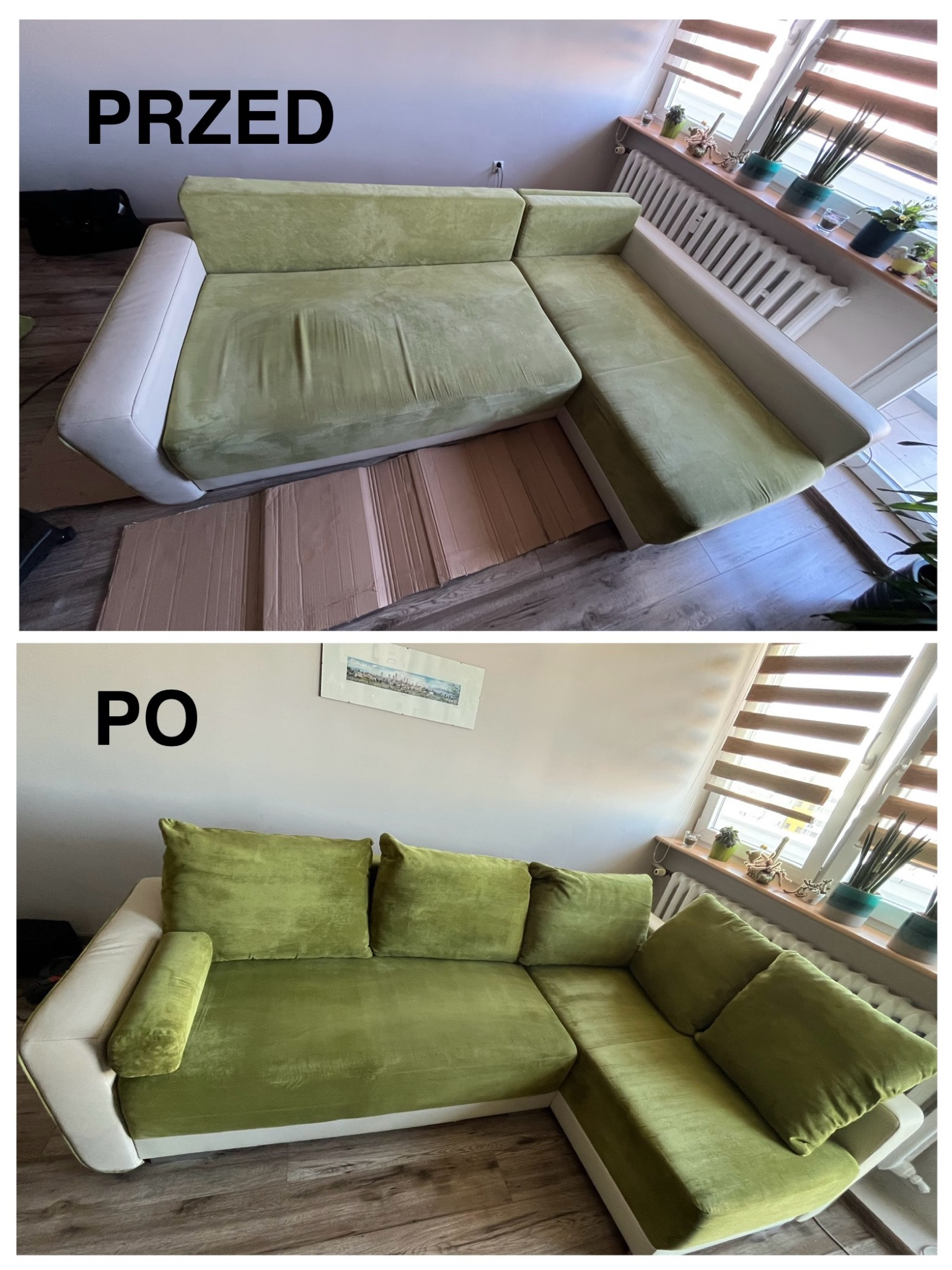 Zdjęcie 'przed' i 'po' prania narożnika z zieloną tapicerką w Zabrzu. Na górnym ujęciu narożnik jest przykryty kartonami, a na dolnym widać narożnik po praniu z poduszkami.