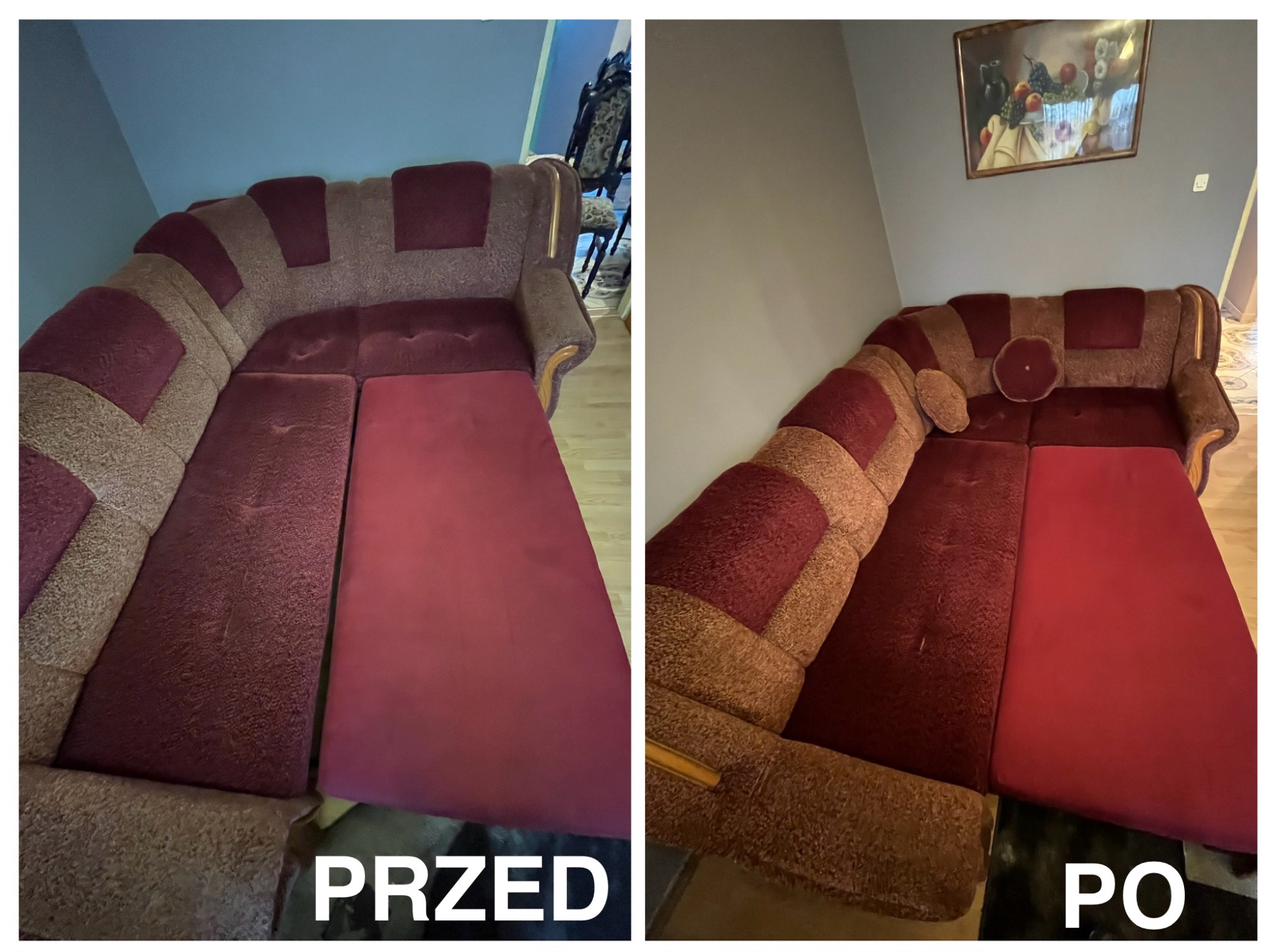 Porównanie narożnika przed i po czyszczeniu: lewa strona pokazuje zabrudzoną, wyblakłą tapicerkę, a prawa odświeżoną, z intensywnym czerwonym kolorem.