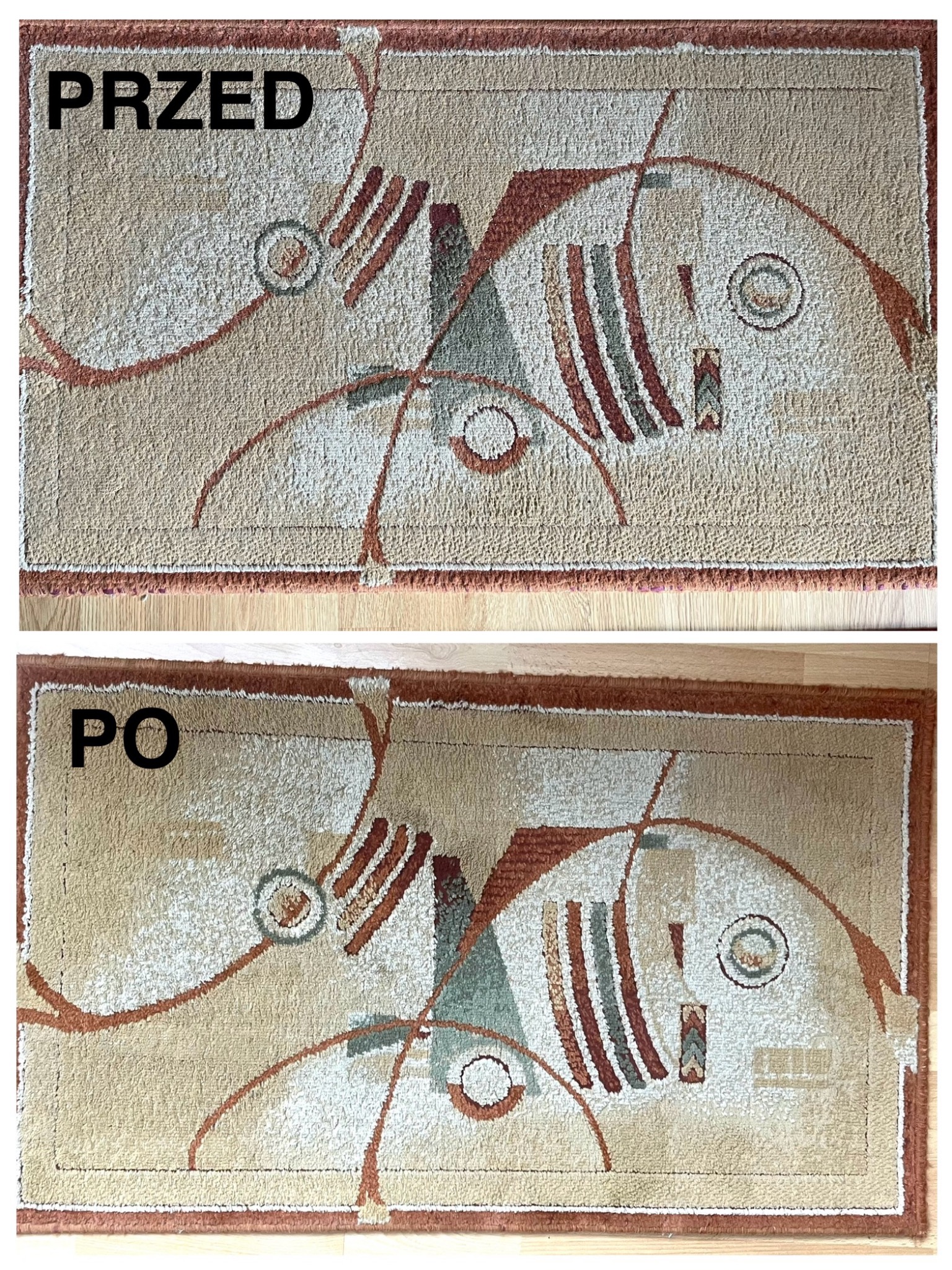 Dywan z geometrycznym wzorem w odcieniach beżu i brązu, ujęcie typu 'przed i po' czyszczeniu, widoczne różnice w kolorze i czystości włókien.