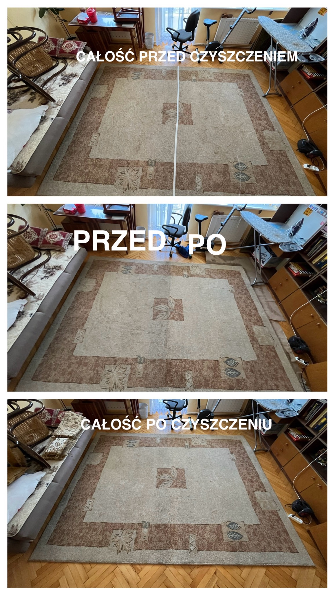 Kolaż trzech zdjęć przedstawiający ten sam dywan przed, w trakcie i po czyszczeniu. Widoczne różnice w odcieniu i wyglądzie wzoru.