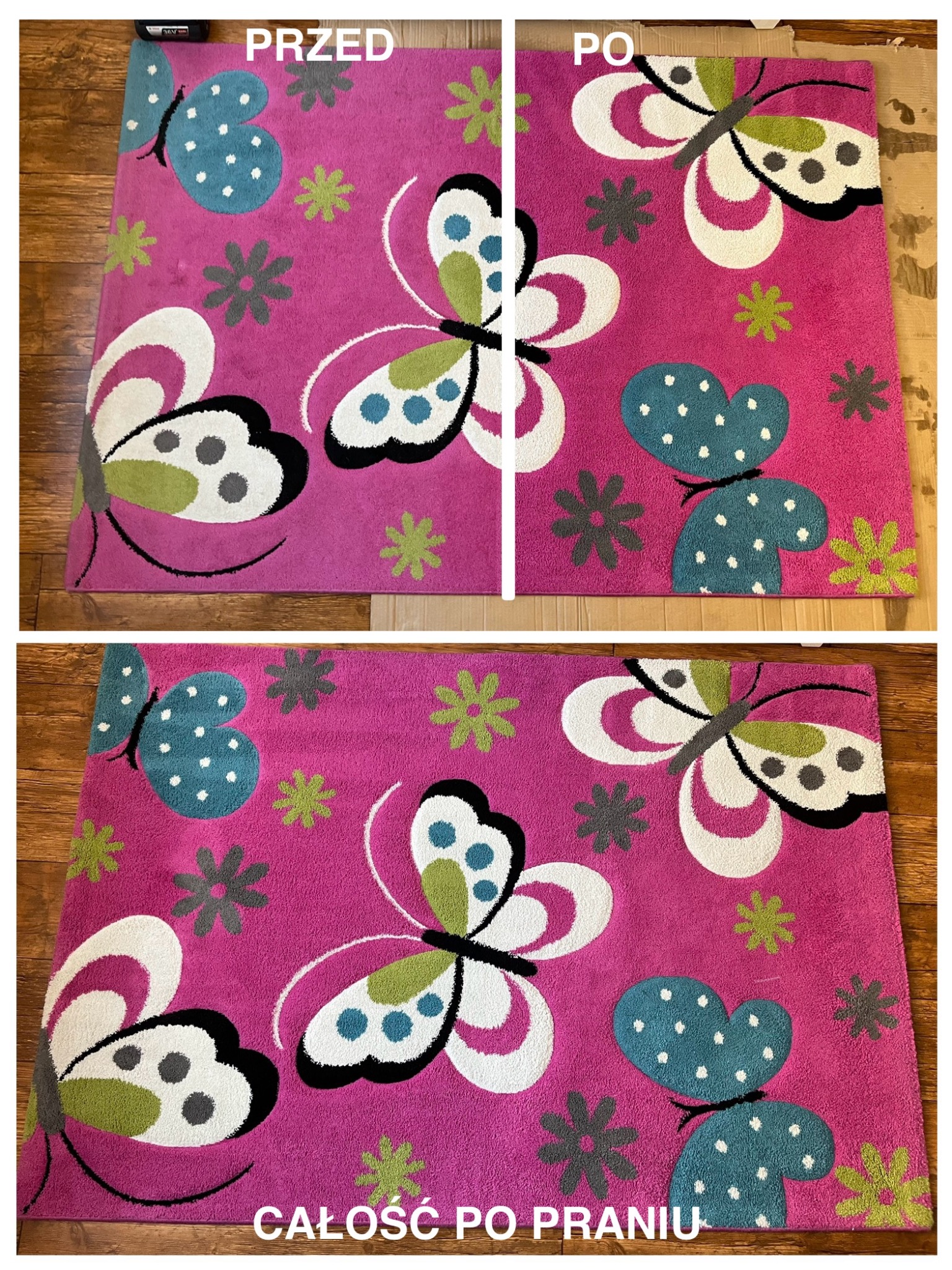 Różowy dywan dziecięcy z motywem motyli i kwiatów, podzielony na dwie części: 'PRZED' z widocznymi plamami i 'PO' praniu, prezentujący efekt czyszczenia.