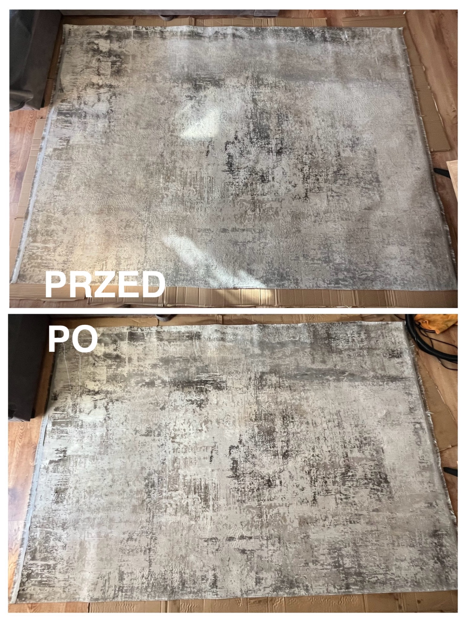Dywan ze wzorem geometrycznym przed i po czyszczeniu, widoczna różnica w odcieniach szarości i bieli.