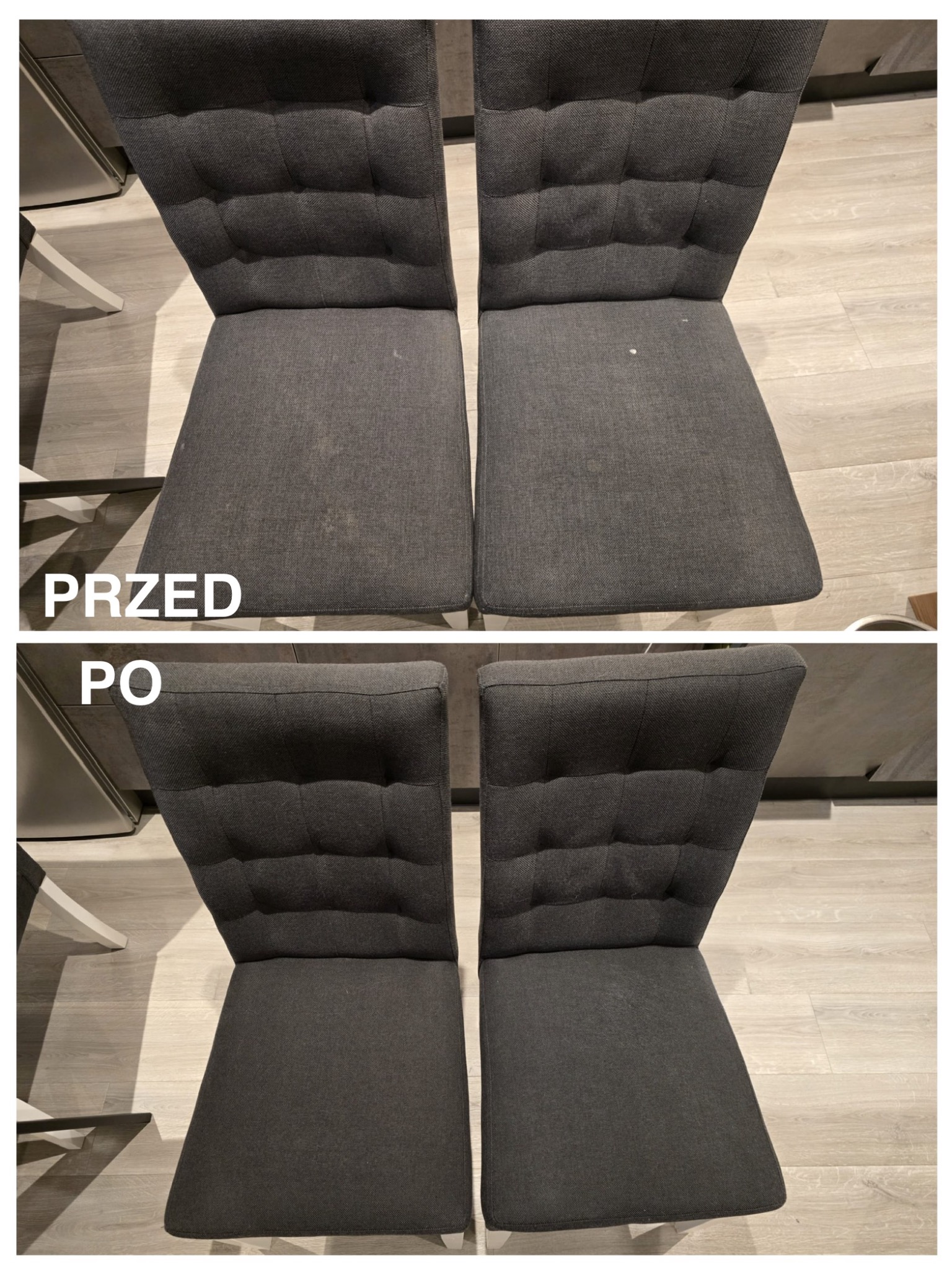 Dwa krzesła tapicerowane w odcieniach szarości, ujęcie typu 'przed i po' ukazujące efekt czyszczenia tapicerki, widoczne plamy usunięte.