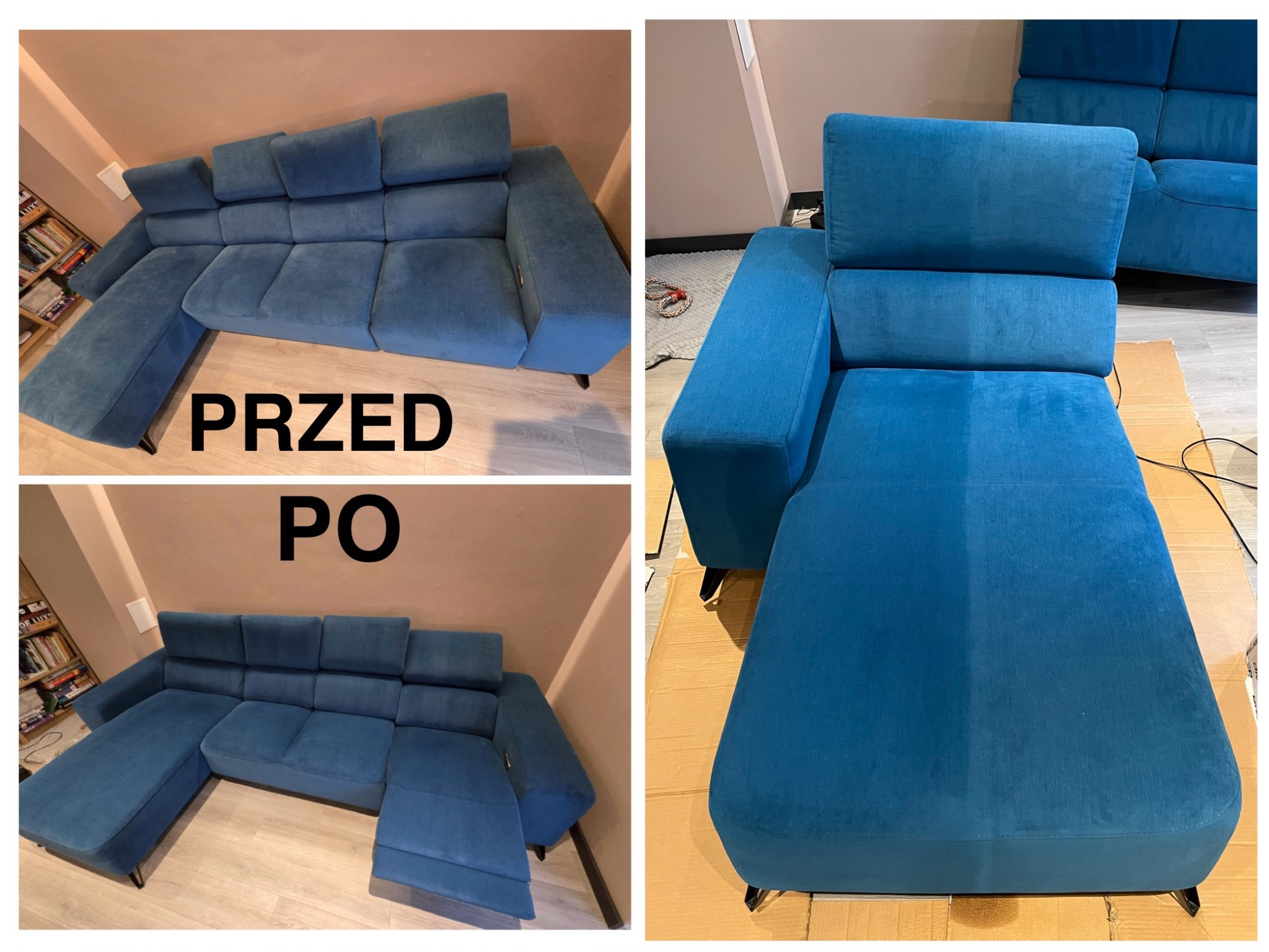 Narożnik z niebieską tapicerką, porównanie stanu przed i po czyszczeniu. Widoczna wyraźna różnica w kolorze i czystości tkaniny.