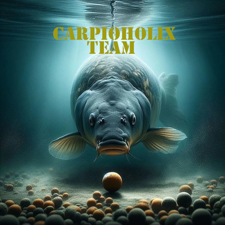 Karp pod wodą, z napisem CARPIOHOLIX TEAM, otoczony kulkami zanętowymi na piaszczystym dnie.