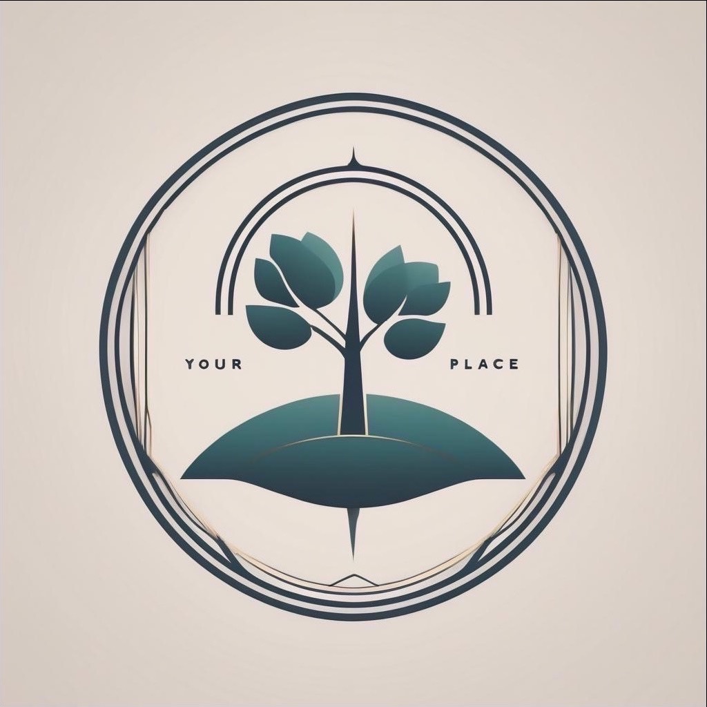 Minimalistyczne logo firmy z Baniochy zajmującej się zarządzaniem nieruchomościami, przedstawiające stylizowany, zielony krzew w okręgu z napisem 'YOUR PLACE'.
