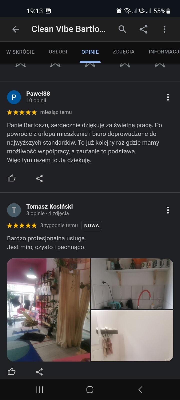 Zestawienie zdjęć z opinii klienta: salon z roślinami, regałem z książkami i kolorowym dywanem; czysty aneks kuchenny z czerwoną baterią; oraz łazienka z wieszakiem na ręczniki po usłudze sprzątania.