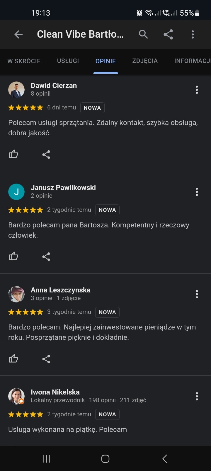 Zrzut ekranu z opiniami klientów firmy Clean Vibe Bartłomiej, zawierający pozytywne recenzje dotyczące usług sprzątania oraz kompetencji i rzetelności wykonawcy, z ocenami pięciogwiazdkowymi...
