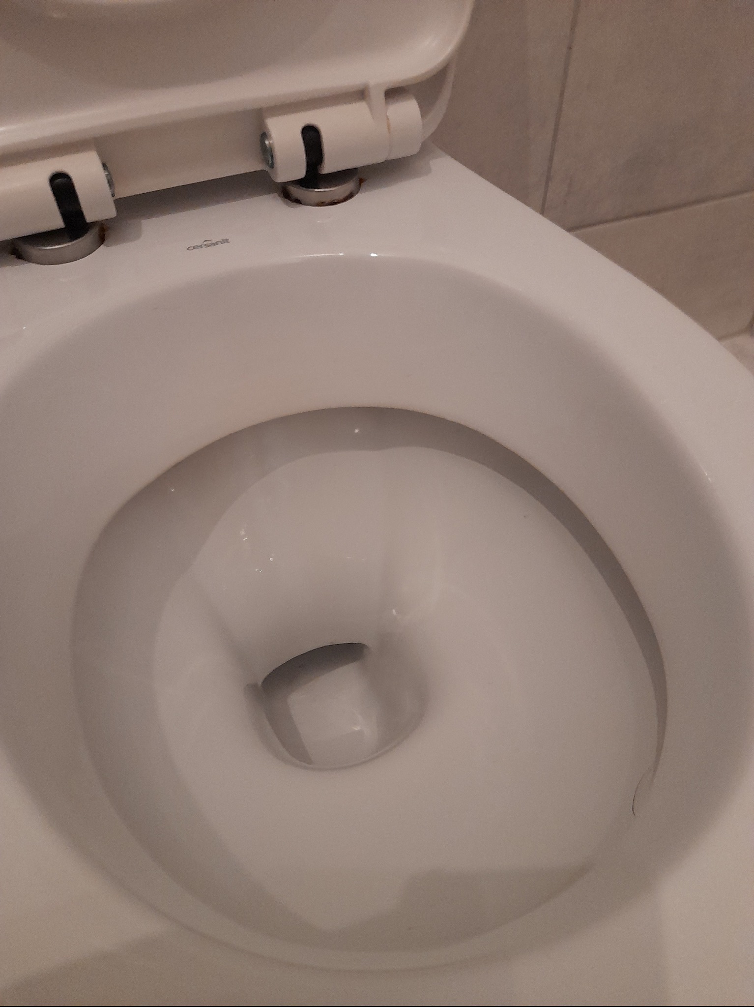 Ceramiczna muszla klozetowa z otwartą klapą, widoczne ślady użytkowania i osad na elementach mocujących.