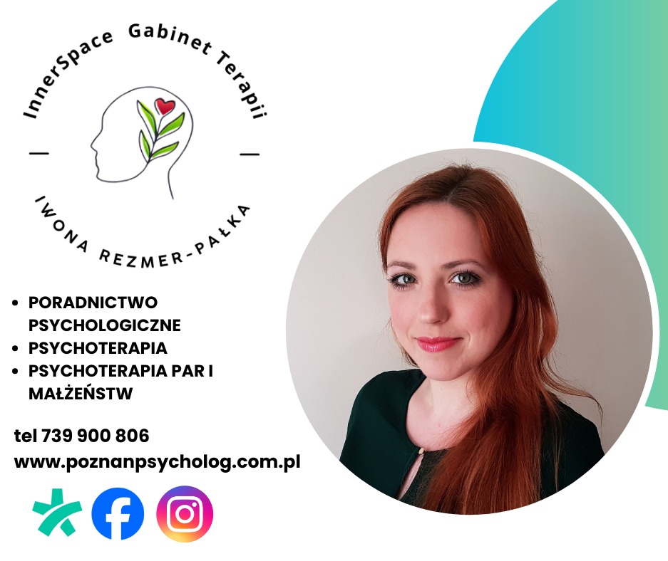 Zdjęcie profilowe kobiety o rudych włosach, obok logo gabinetu terapii z sylwetką głowy i rośliną z sercem w środku, informacje kontaktowe i ikony mediów społecznościowych.