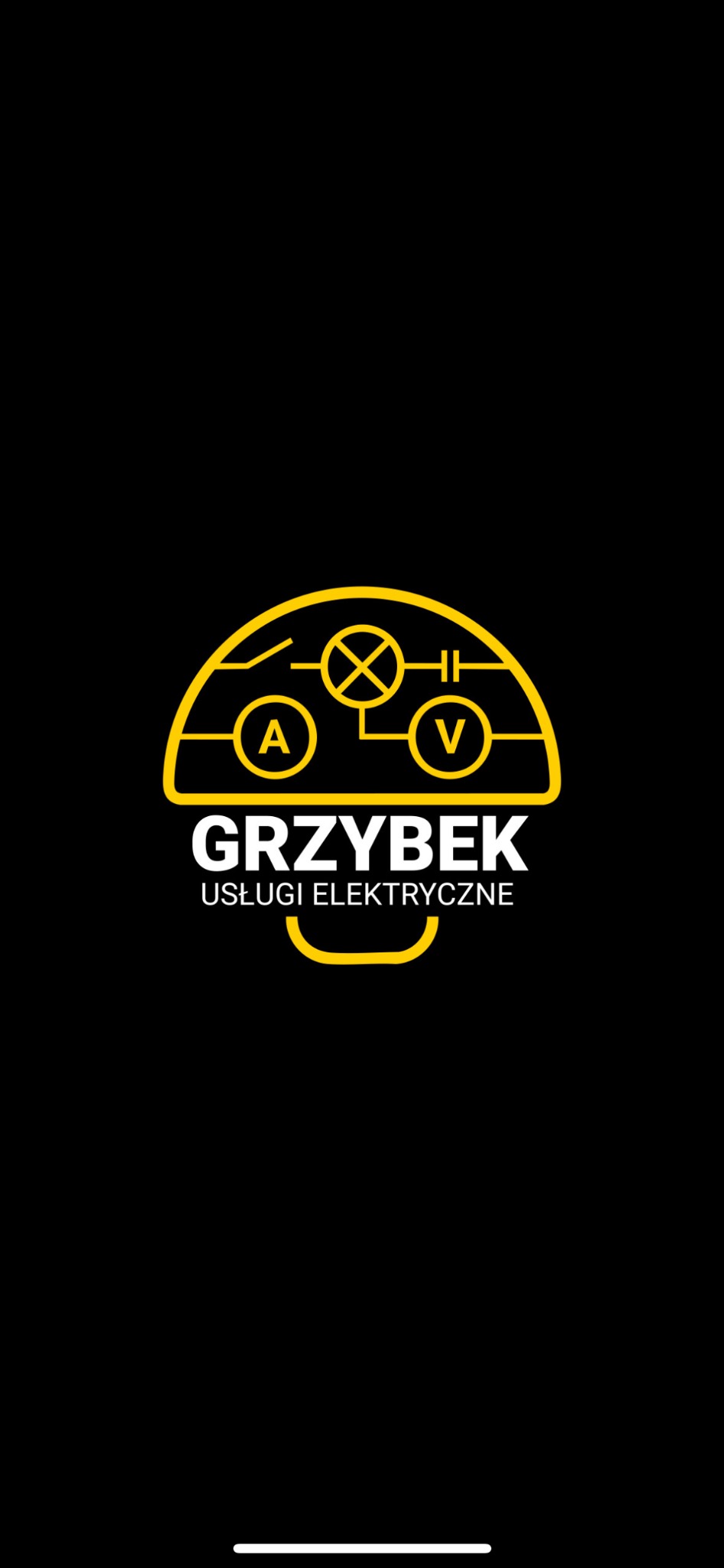 Żółto-białe logo firmy 'Grzybek Usługi Elektryczne' na czarnym tle. Grafika przedstawia schemat elektryczny w kształcie grzyba z symbolami A i V.