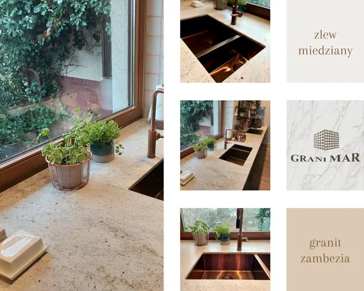 Jasny blat z granitu Zambezia z miedzianym zlewem dwukomorowym i baterią, doniczki z ziołami przy oknie