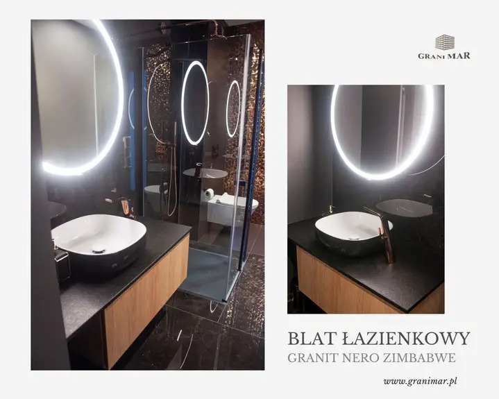 Czarny blat łazienkowy z granitu Nero Zimbabwe, umywalka nablatowa w kolorze białym, oświetlone lustro okrągłe LED, kabina prysznicowa w tle, ciemna podłoga.