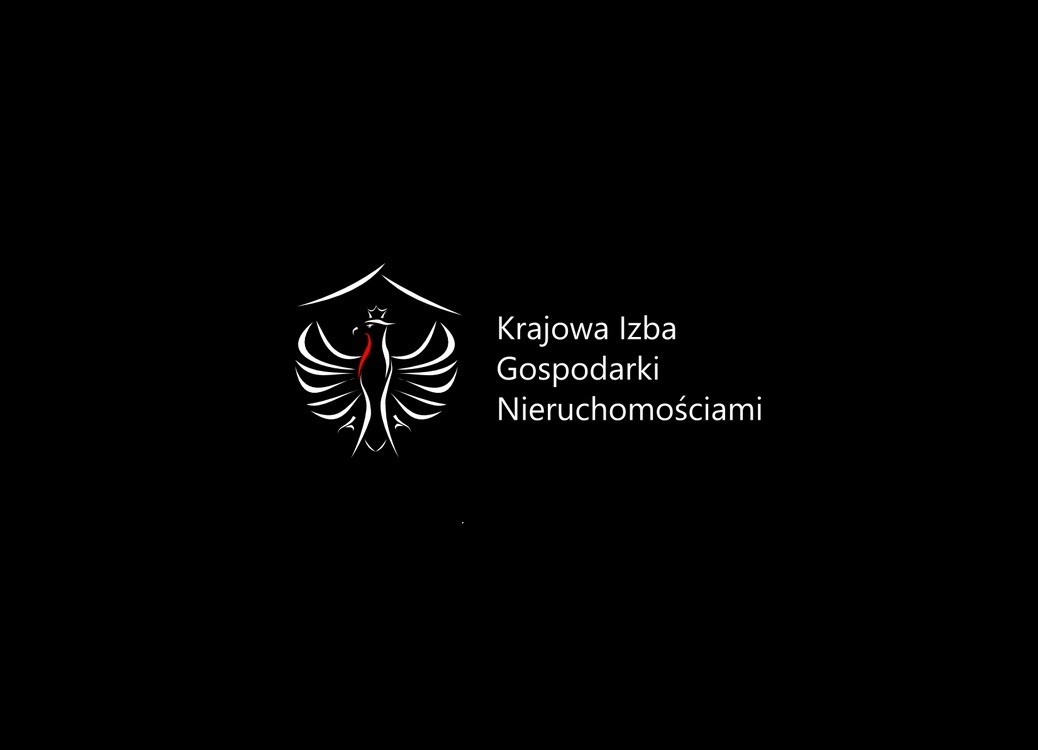 Logo Krajowej Izby Gospodarki Nieruchomościami: stylizowany orzeł z koroną w obrysie domu na czarnym tle.