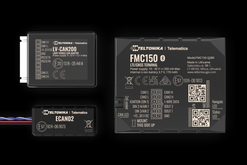 Zbliżenie na cztery czarne urządzenia telematyczne Teltonika z wyraźnie widocznymi oznaczeniami modeli LV-CAN200, ECANO2 i FMC150, prezentujące parametry techniczne i certyfikaty.
