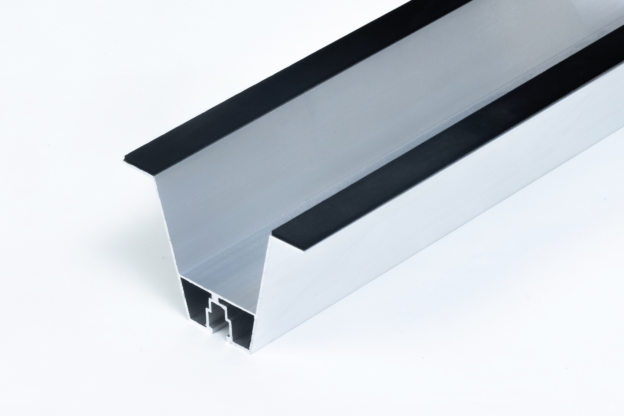 Przekrój aluminiowego profilu konstrukcyjnego z czarnymi uszczelkami, używanego w systemach montażowych.
