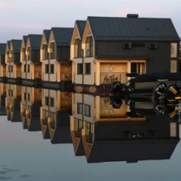 Rząd pływających, drewnianych domków letniskowych z ciemnymi dachami, odbijających się w spokojnej wodzie jeziora o zmierzchu, obok zacumowane łodzie motorowe.