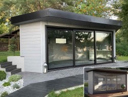 Nowoczesna altana w stylu minimalistycznym z dużymi przesuwnymi oknami i płaskim dachem, wykończona szarą drewnianą boazerią, otoczona zielenią i kostką brukową.