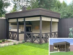 Zadaszona konstrukcja z grillem murowanym i ażurowymi panelami, otoczona zielonym trawnikiem i ogrodzeniem. W prawym dolnym rogu wizualizacja 3D podobnej konstrukcji.