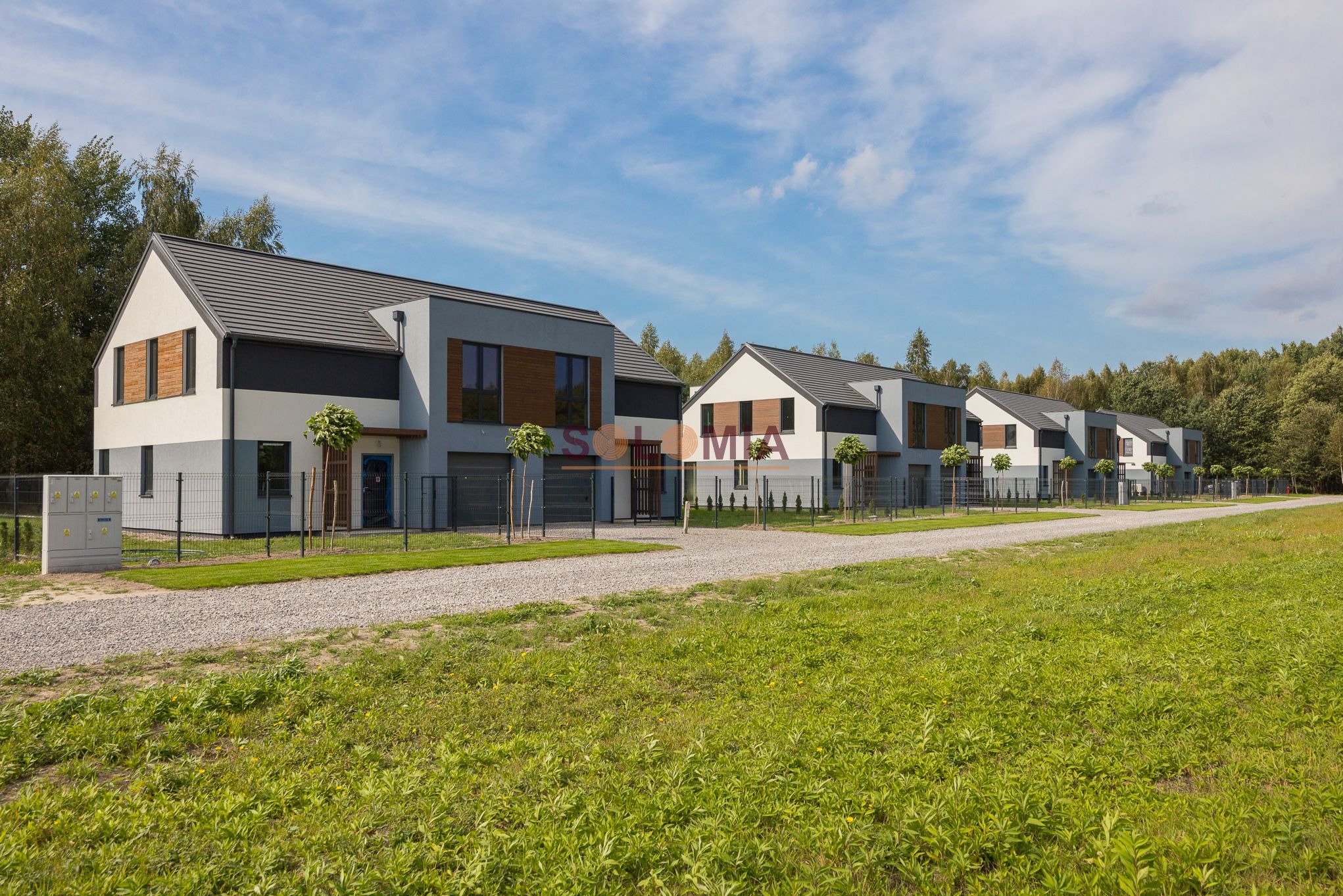 Szereg nowoczesnych domów z szarymi dachami i drewnianymi akcentami, ogrodzone siatką, z zadbanymi trawnikami i drzewami, widok z perspektywy ulicy w słoneczny dzień.