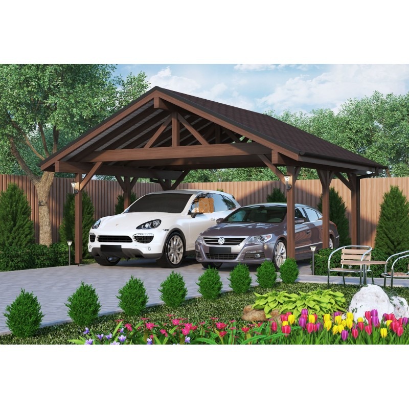 Drewniana wiata garażowa z ciemnobrązowym dachem kryjąca dwa samochody: białe Porsche Cayenne i szarego Volkswagena Passata CC, otoczona zielenią i kolorowymi kwiatami.