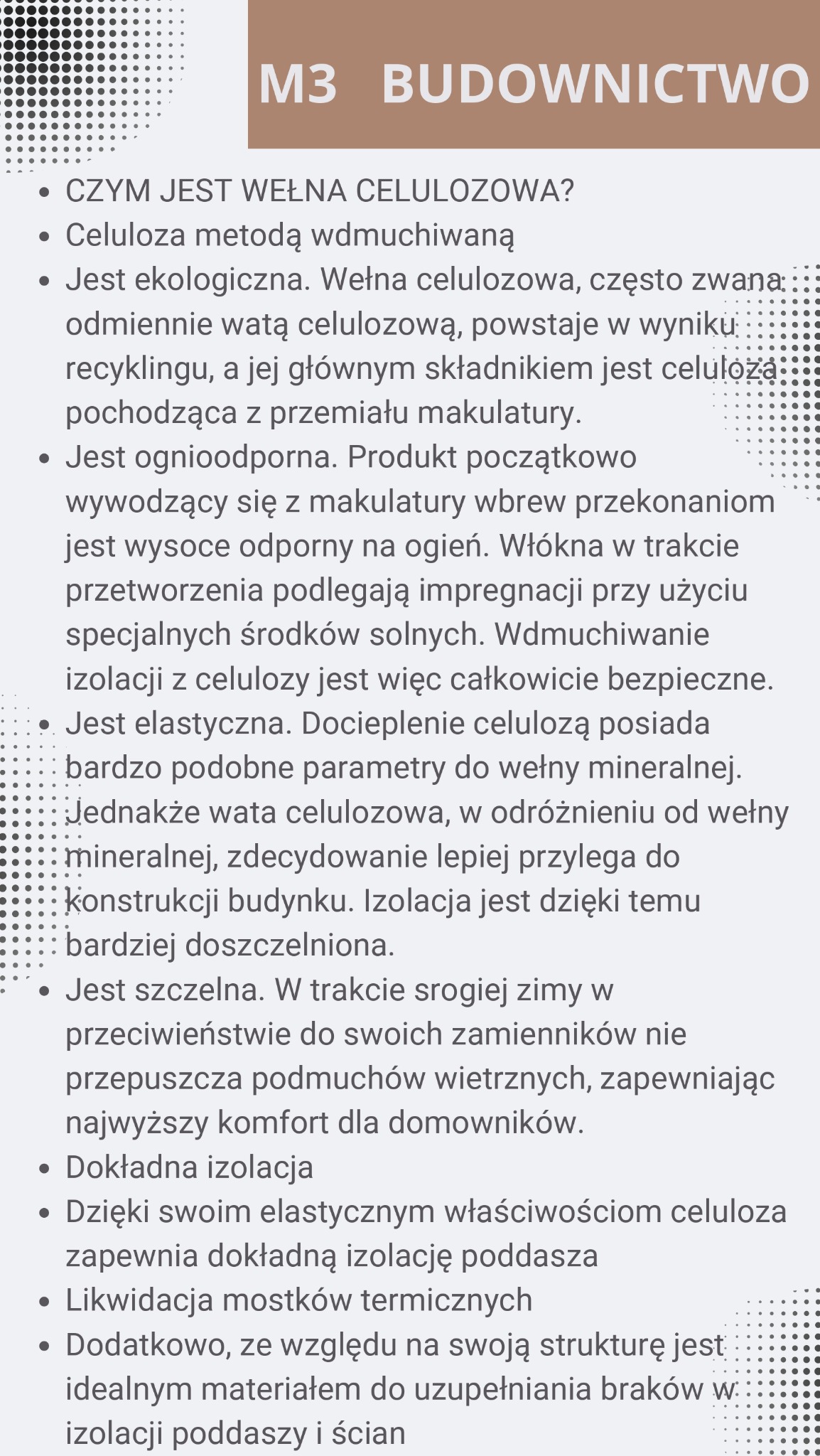 Grafika informacyjna o wełnie celulozowej jako materiale izolacyjnym, wymieniająca jej zalety: ekologiczność, ognioodporność, elastyczność, szczelność oraz dokładną izolację poddaszy i ścian.